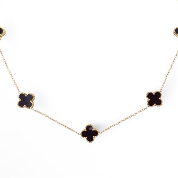 Elegant Black Onyx Multi Station Clover & 14k Gold Plated 16.5-18 Inch Necklace - Picture 2 of 5